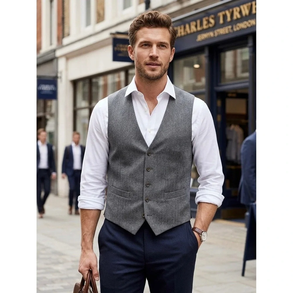 Charles Tyrwhitt Mens Grey 100% Wool Waistcoat Suit Vest Large RN 116036